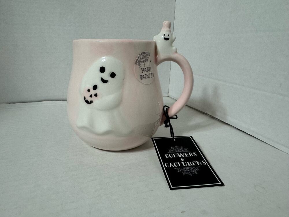 Cobwebs and Cauldrons Hand Painted Ghost Coffee Mug Pink Halloween